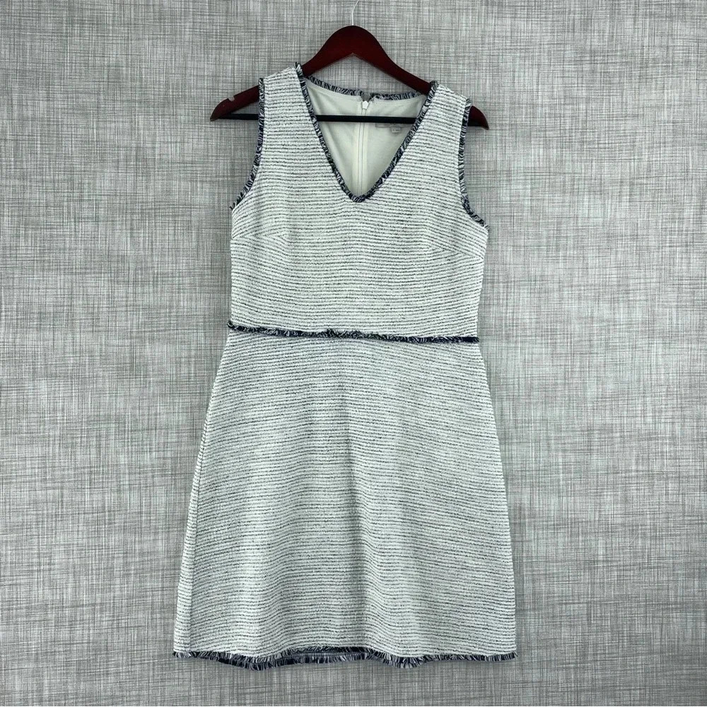 LOFT White and Navy Textured V-Neck Sleeveless Dress